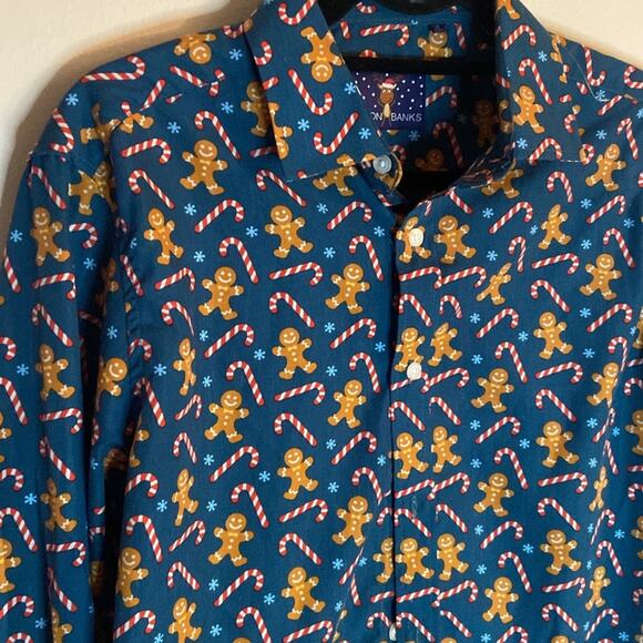 Simon  Banks Holiday Button down Mens Dress shirt Blue Christmas Size M - Picture 2 of 7